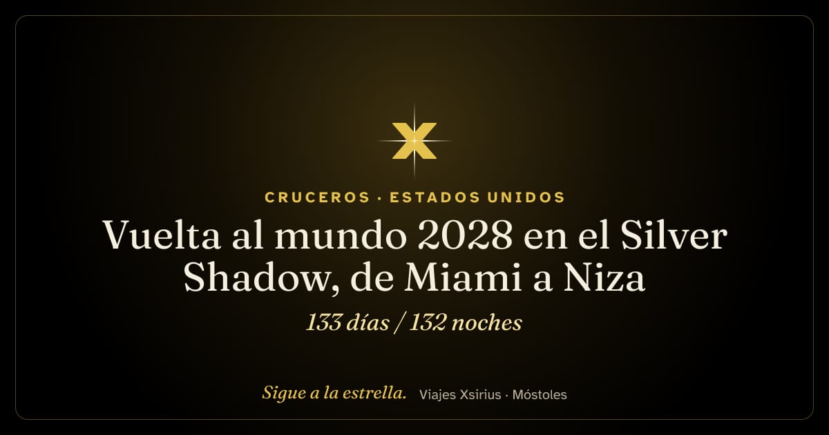 Vuelta al mundo 2028 en el Silver Shadow, de Miami a Niza: Estados Unidos, el Caribe (islas Vírgenes Británicas, San Bartolomé, Bonaire y Curazao), Colombia, Panamá, Ecuador, Perú, Chile, Argentina, islas Malvinas, Uruguay, Brasil, Santa Elena, Namibia, Sudáfrica, Reunión, Mauricio, Seychelles, Omán, Emiratos Árabes Unidos, Catar, Baréin, Jordania, Egipto, Grecia, Malta, Italia y Francia, 133 días / 132 noches
