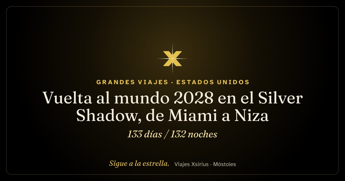 Vuelta al mundo 2028 en el Silver Shadow, de Miami a Niza: Estados Unidos, el Caribe (islas Vírgenes Británicas, San Bartolomé, Bonaire y Curazao), Colombia, Panamá, Ecuador, Perú, Chile, Argentina, islas Malvinas, Uruguay, Brasil, Santa Elena, Namibia, Sudáfrica, Reunión, Mauricio, Seychelles, Omán, Emiratos Árabes Unidos, Catar, Baréin, Jordania, Egipto, Grecia, Malta, Italia y Francia, 133 días / 132 noches